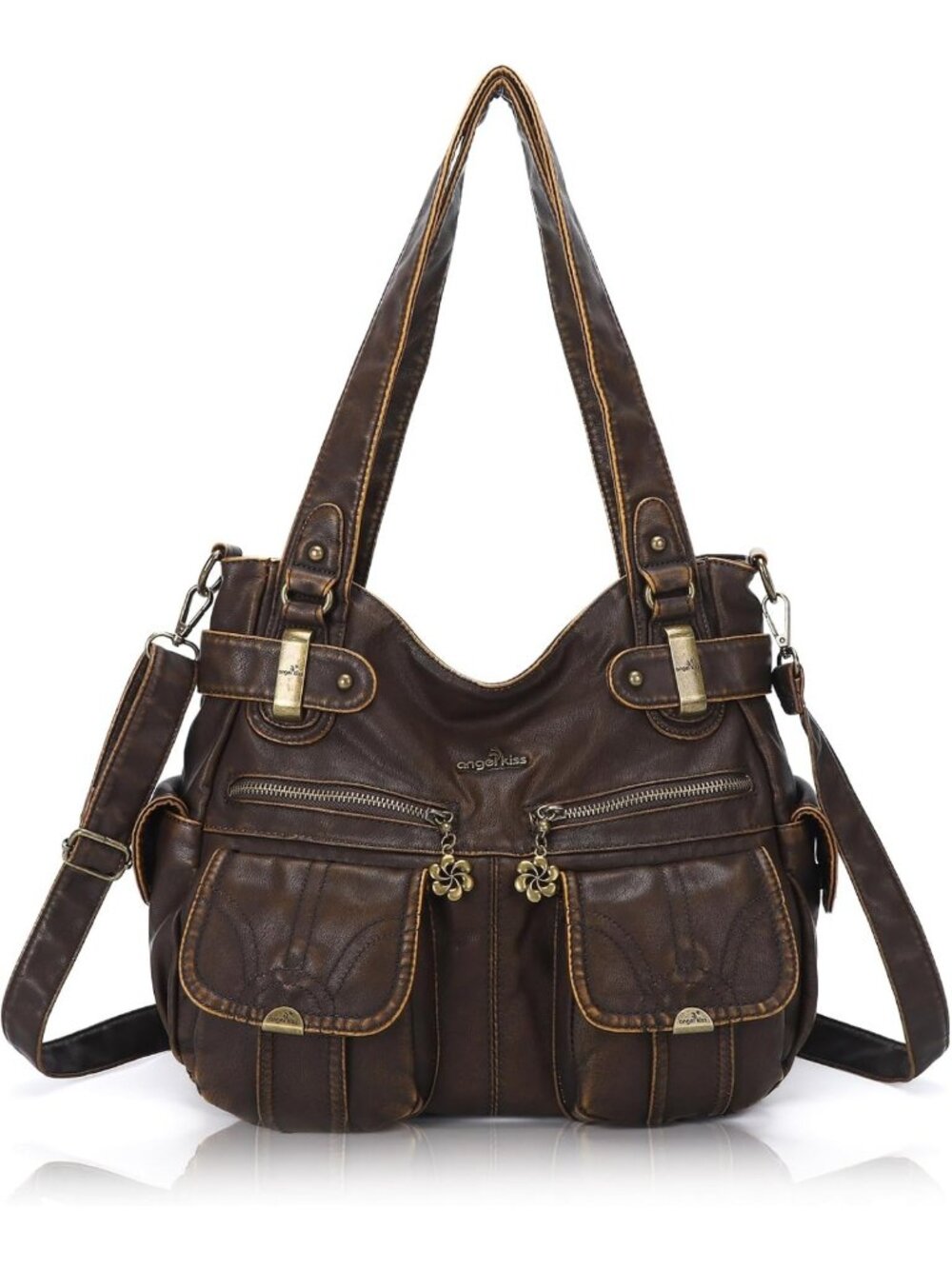 Stylish Women's Large Washed Leather Handbag with Double Zipper & Multi Pockets